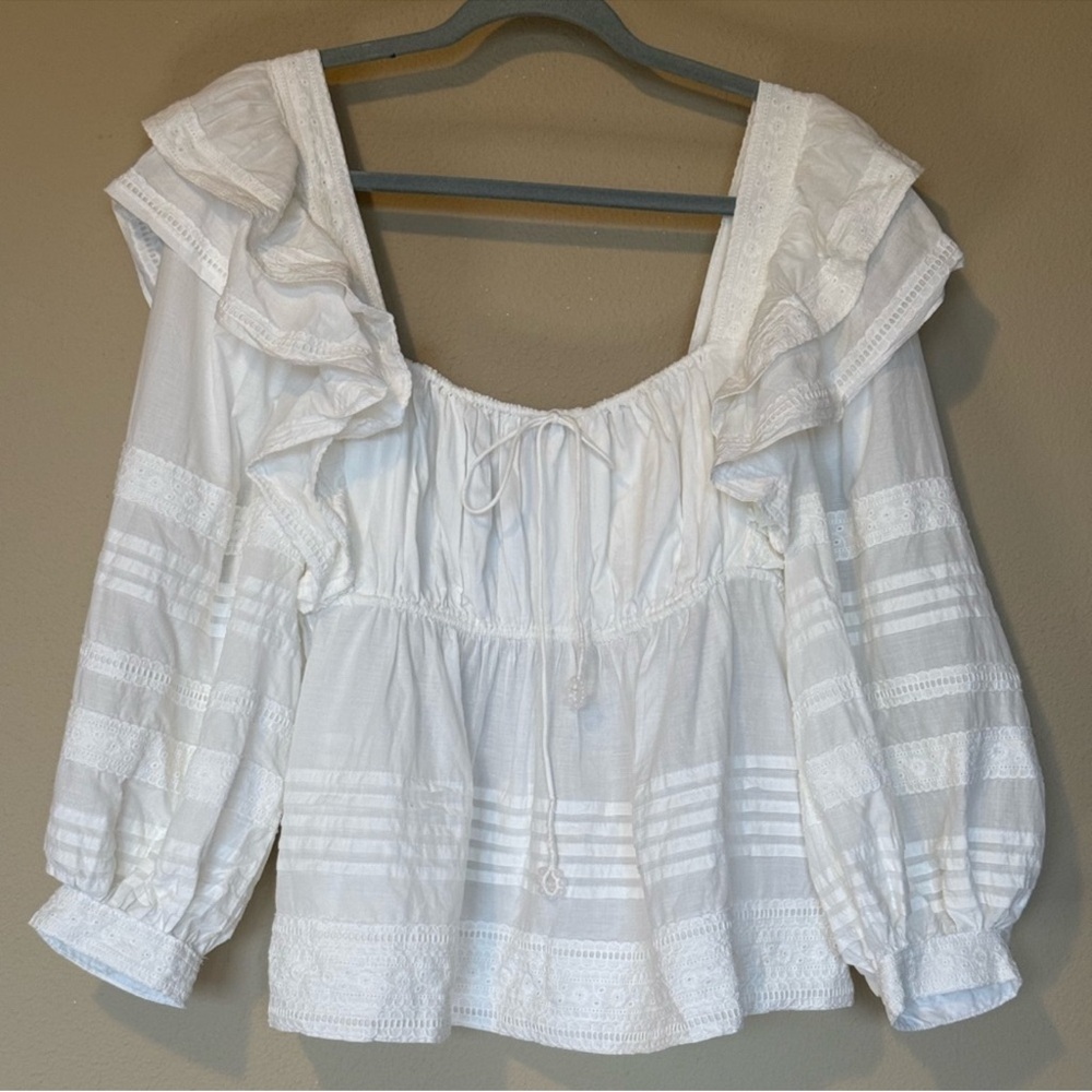 FARM Rio White Squared Neckline Long Sleeve Blouse Tassel Beaded NWOT XL - Picture 2 of 10